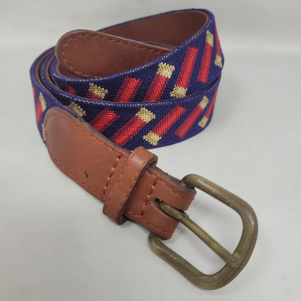 Smathers & Branson Belt 42 Blue Red Shotshells Needlepoint Leather Brass Buckle